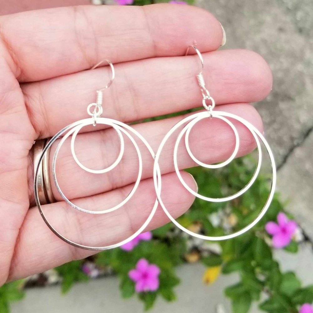 Handmade Silver Hoop Earrings, Triple Hoop Earrings, Large Hoop Dangle Earrings